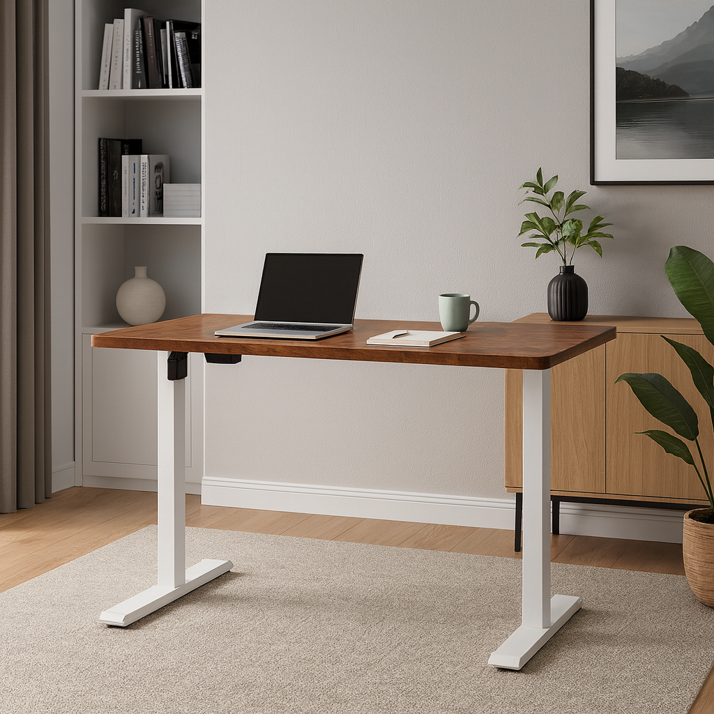 Motorised Adjustable Desk – Ergonomic Design - Walnut & White