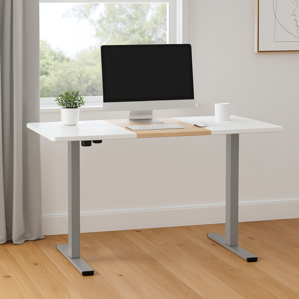 Motorised Adjustable Desk – Ergonomic Design - Grey, Pine & White