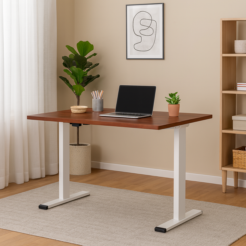 Motorised Adjustable Desk – Ergonomic Design - Walnut & White