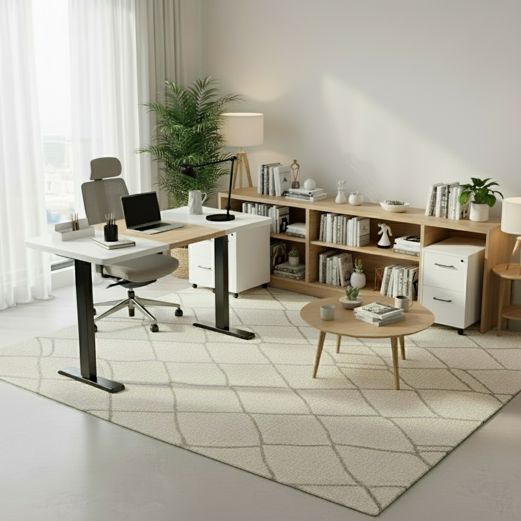 Motorised Adjustable Desk – Ergonomic Design - Black, Pine & White