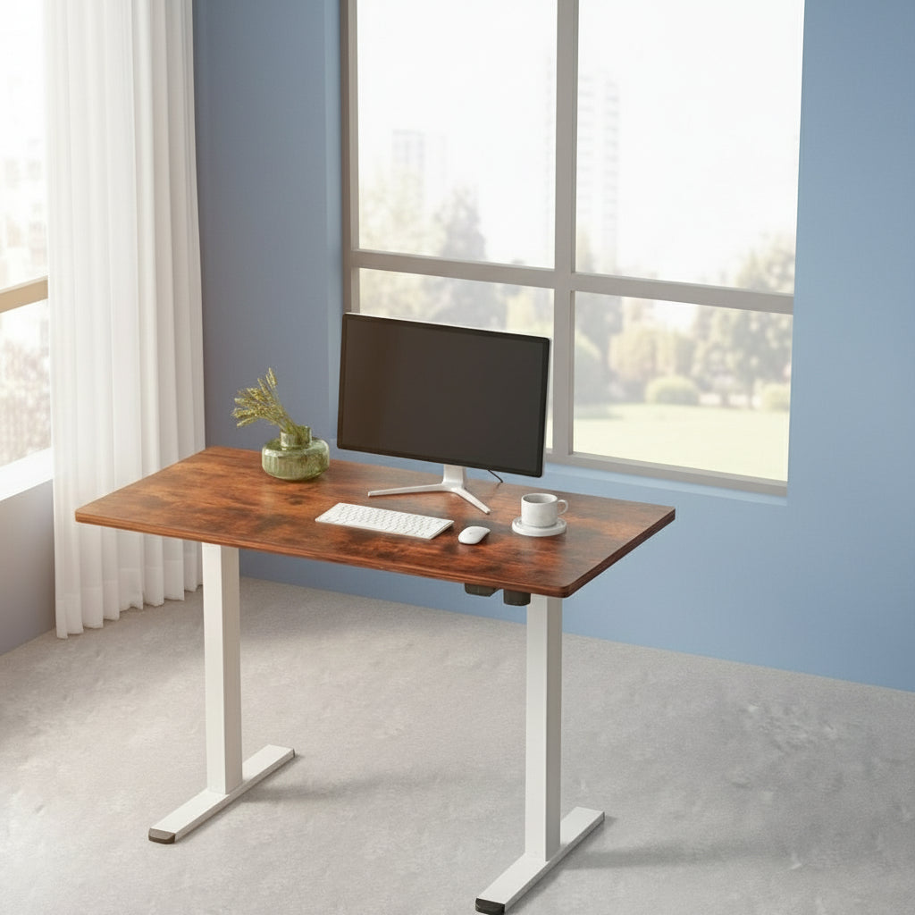 Motorised Adjustable Desk – Ergonomic Design - Rustic Brown & White