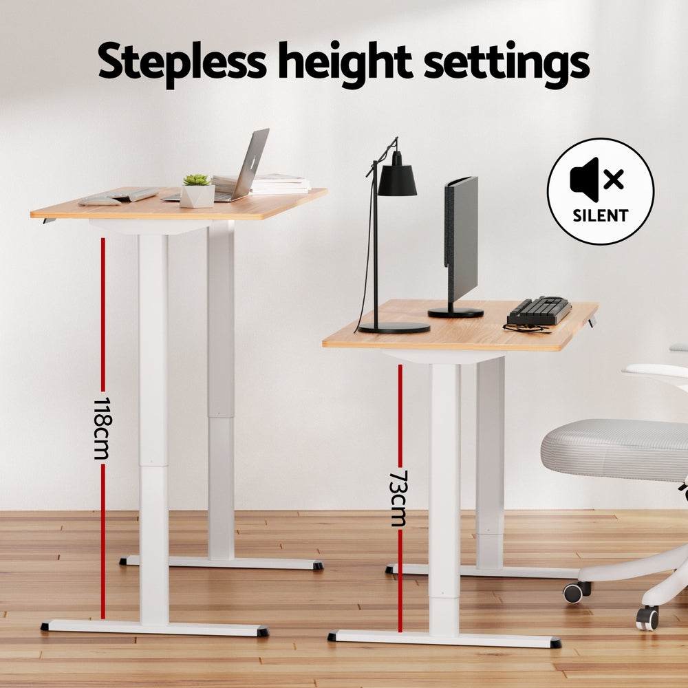 Motorised Adjustable Desk – Ergonomic Design - Natural Wood & White