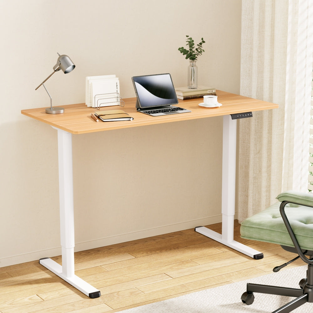 Motorised Adjustable Desk – Ergonomic Design - Natural Wood & White