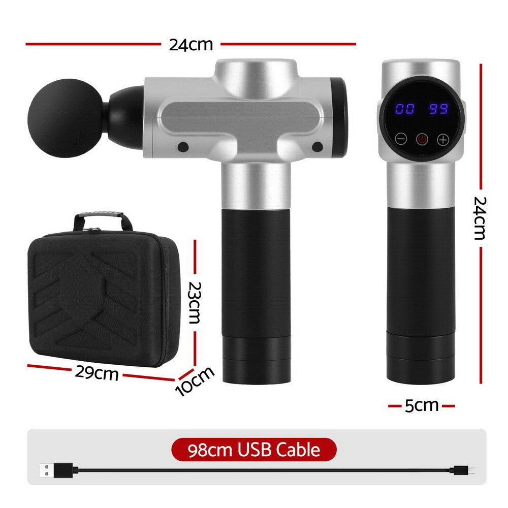 Everfit 30-Speed Rechargeable Massage Gun with 6 Attachments - Silver & Black