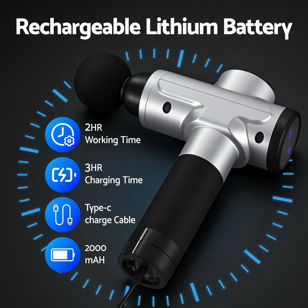 Everfit 30-Speed Rechargeable Massage Gun with 6 Attachments - Silver & Black