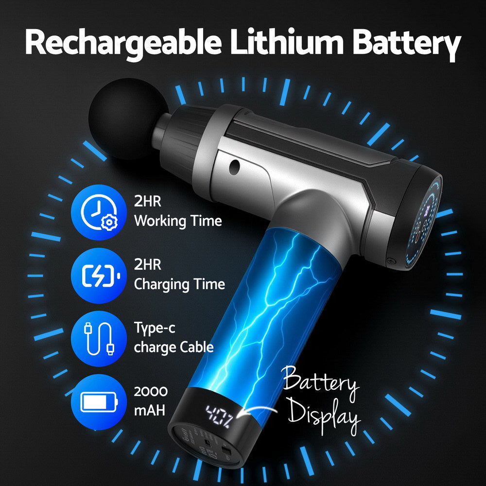 Everfit 30-Speed Rechargeable Massage Gun with 6 Heads - Silver & Black