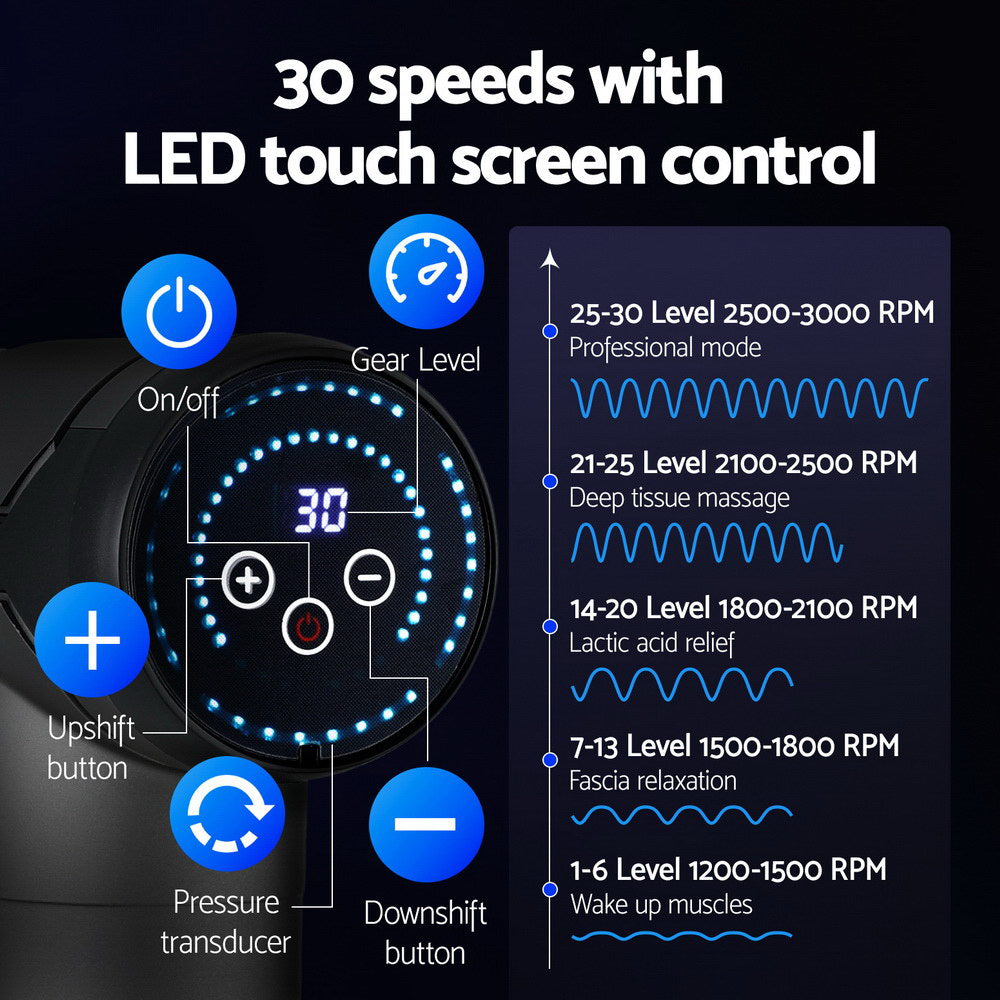 Everfit 30-Speed Rechargeable Massage Gun with 6 Heads - Silver & Black