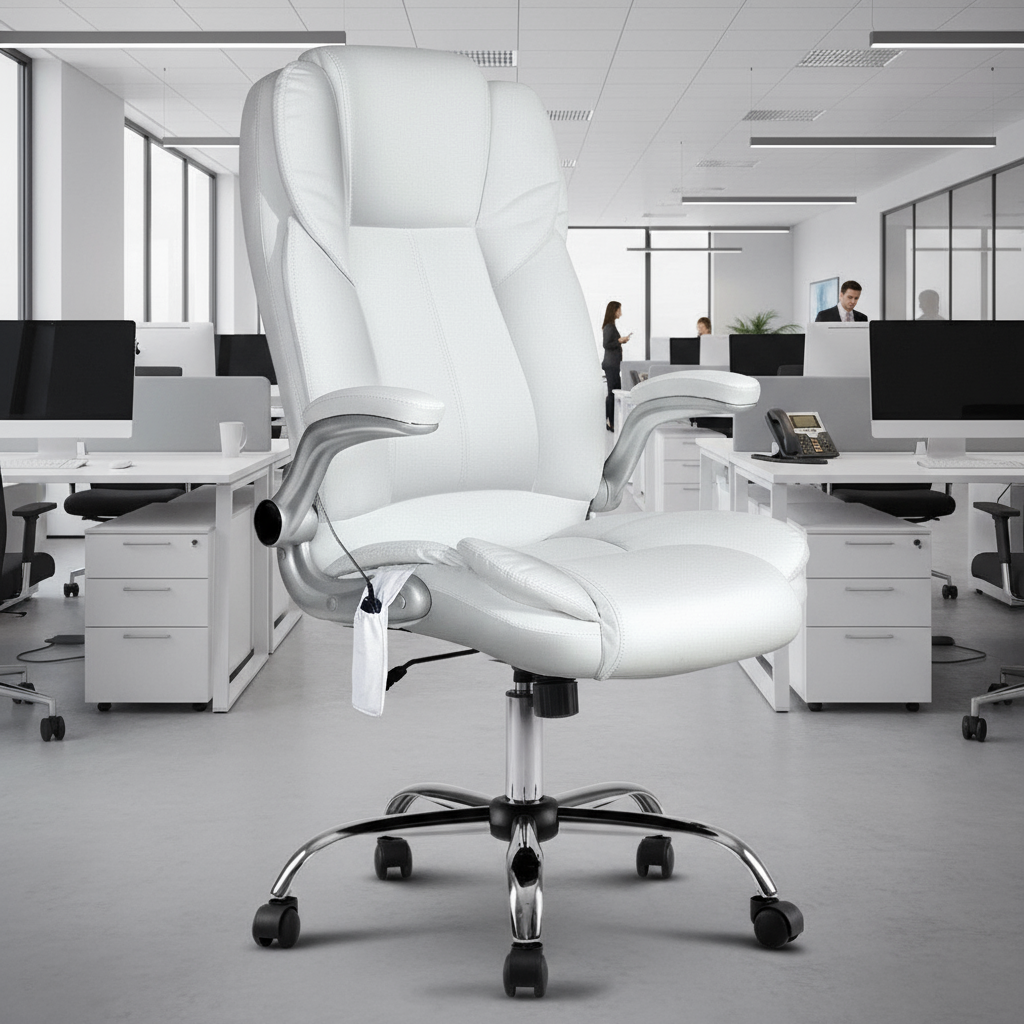 Ergonomic 8-Point Massage Office Chair – White PU Leather