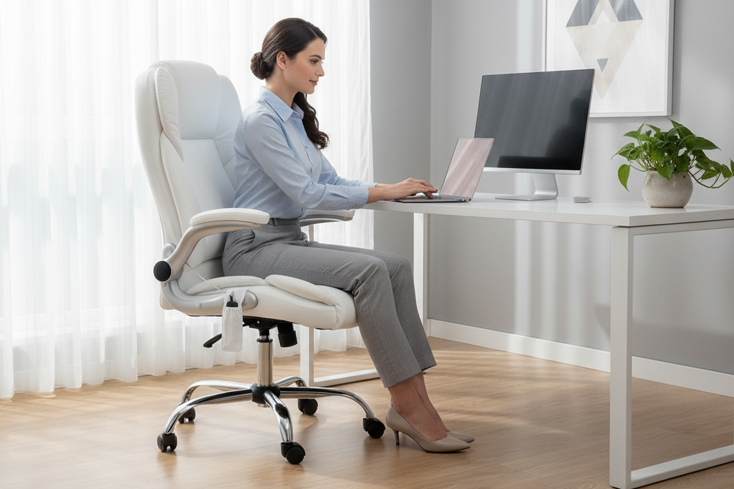 Ergonomic 8-Point Massage Office Chair – White PU Leather