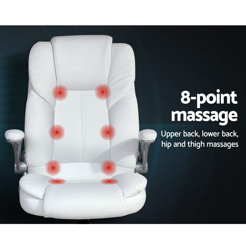 Ergonomic 8-Point Massage Office Chair – White PU Leather