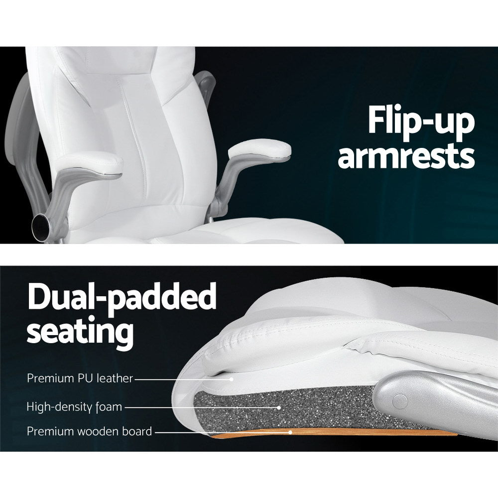 Ergonomic 8-Point Massage Office Chair – White PU Leather