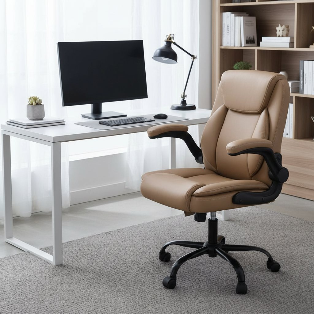 Ergonomic 2-Point Massage Office Chair – Mid Back Brown Leather