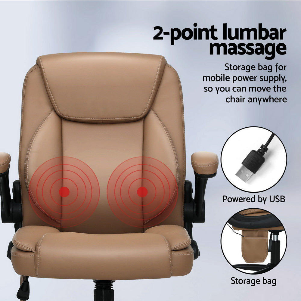 Ergonomic 2-Point Massage Office Chair – Mid Back Brown Leather