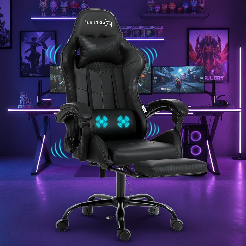 Artiss 2 Point Massage Gaming Office Chair Footrest Black