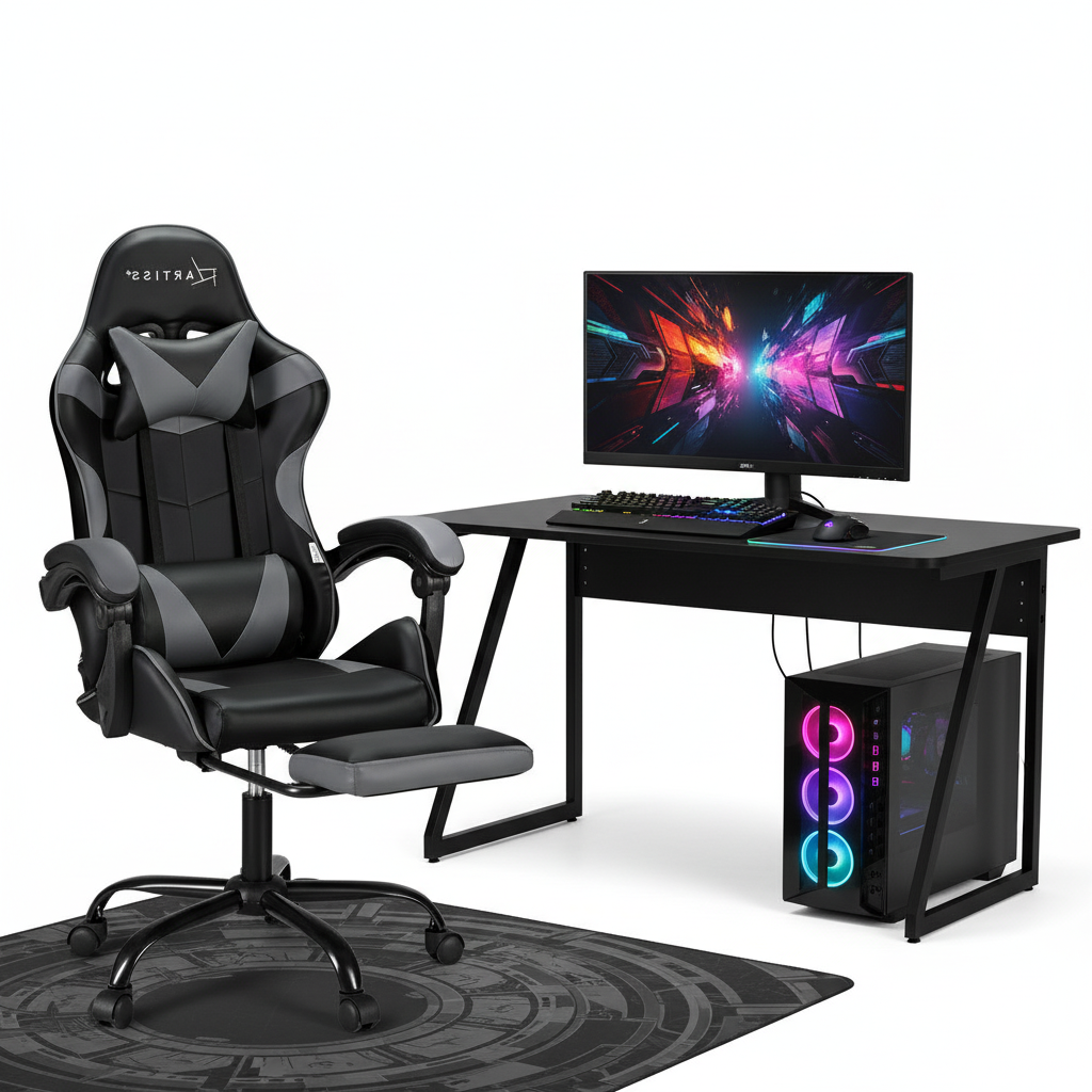 Artiss 2 Point Massage Gaming Office Chair Footrest - Grey & Black