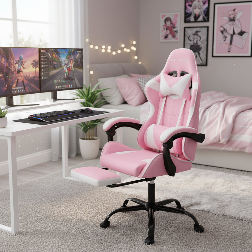 Artiss 2 Point Massage Gaming Chair - Pink & White