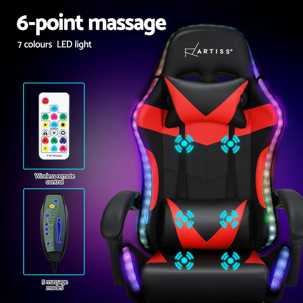 Artiss 6 Point Massage Gaming Office Chair with LED Lighting - Red & Black