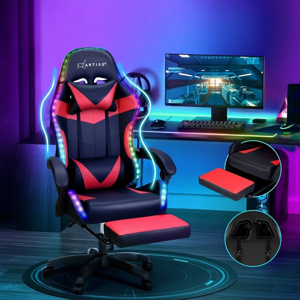 Artiss 6 Point Massage Gaming Office Chair with LED Lighting - Red & Black