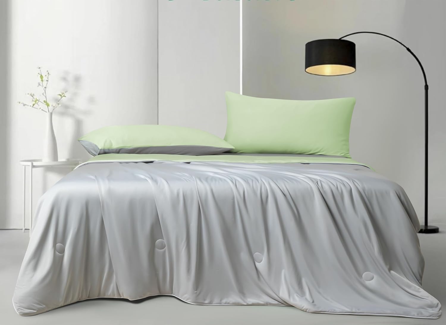 Ice Cooling Reversible Summer Comforter Blanket (Green & Grey, Single/Double)