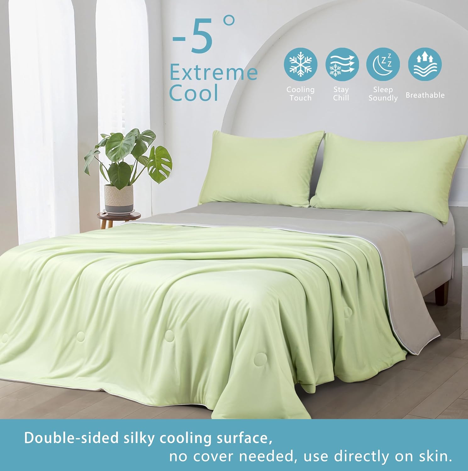 Ice Cooling Reversible Summer Comforter Blanket (Green & Grey, Single/Double)