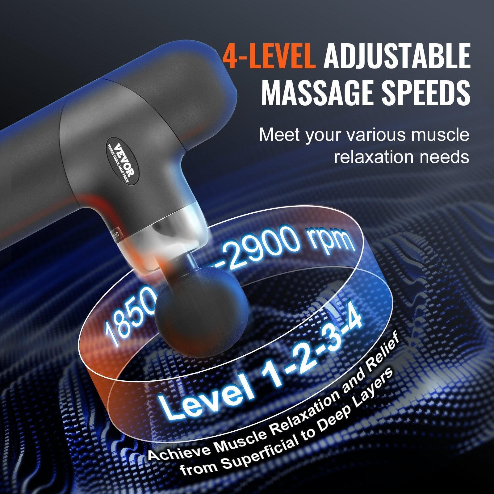 VEVOR Massage Gun Deep Tissue with 4 Speed Levels & 4 Massage Heads