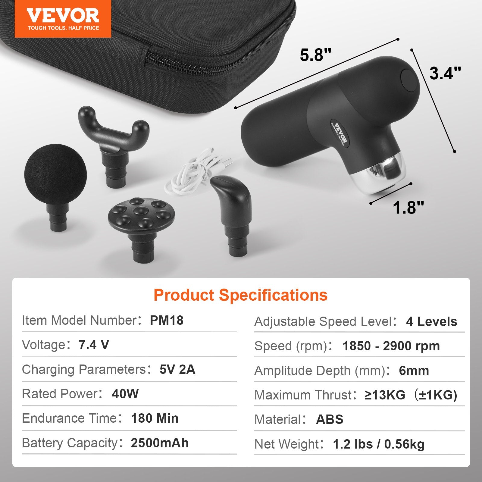 VEVOR Massage Gun Deep Tissue with 4 Speed Levels & 4 Massage Heads