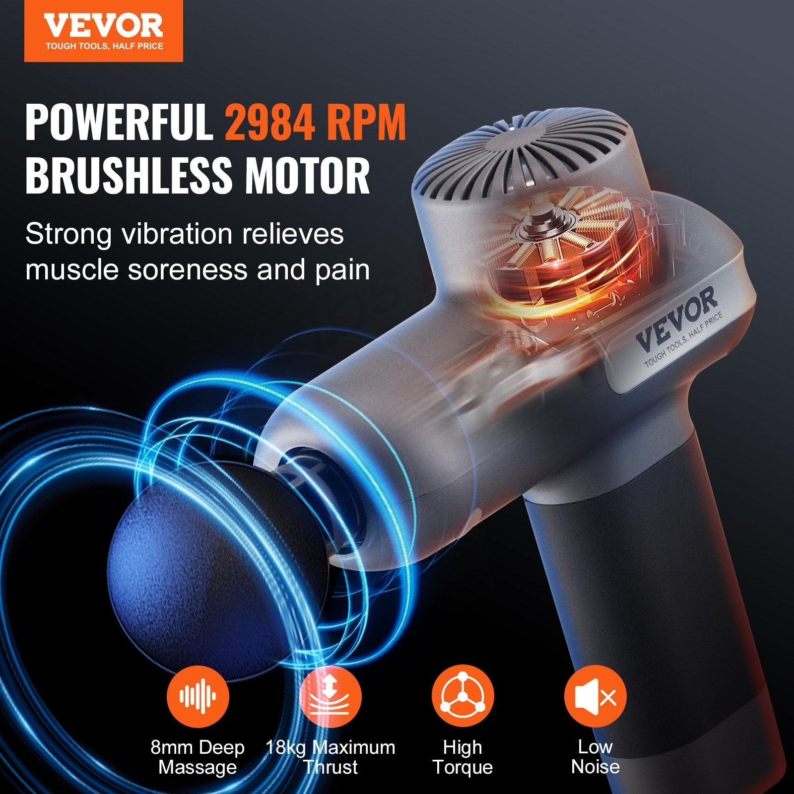 VEVOR Massage Gun Deep Tissue with 5 Speed Levels & 6 Massage Heads