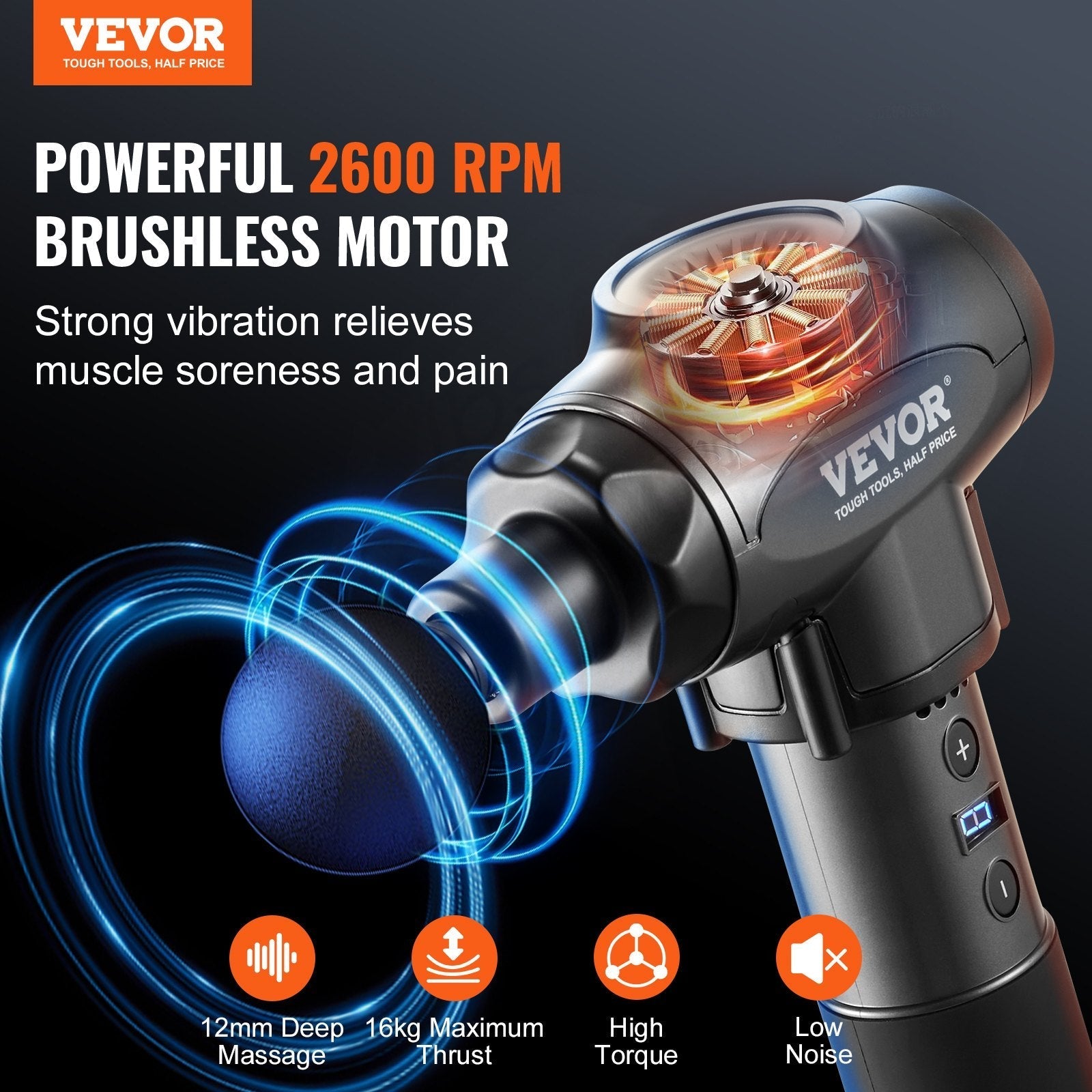 VEVOR Deep Tissue Massage Gun for Athletes - 9 Speed Levels & 6 Heads