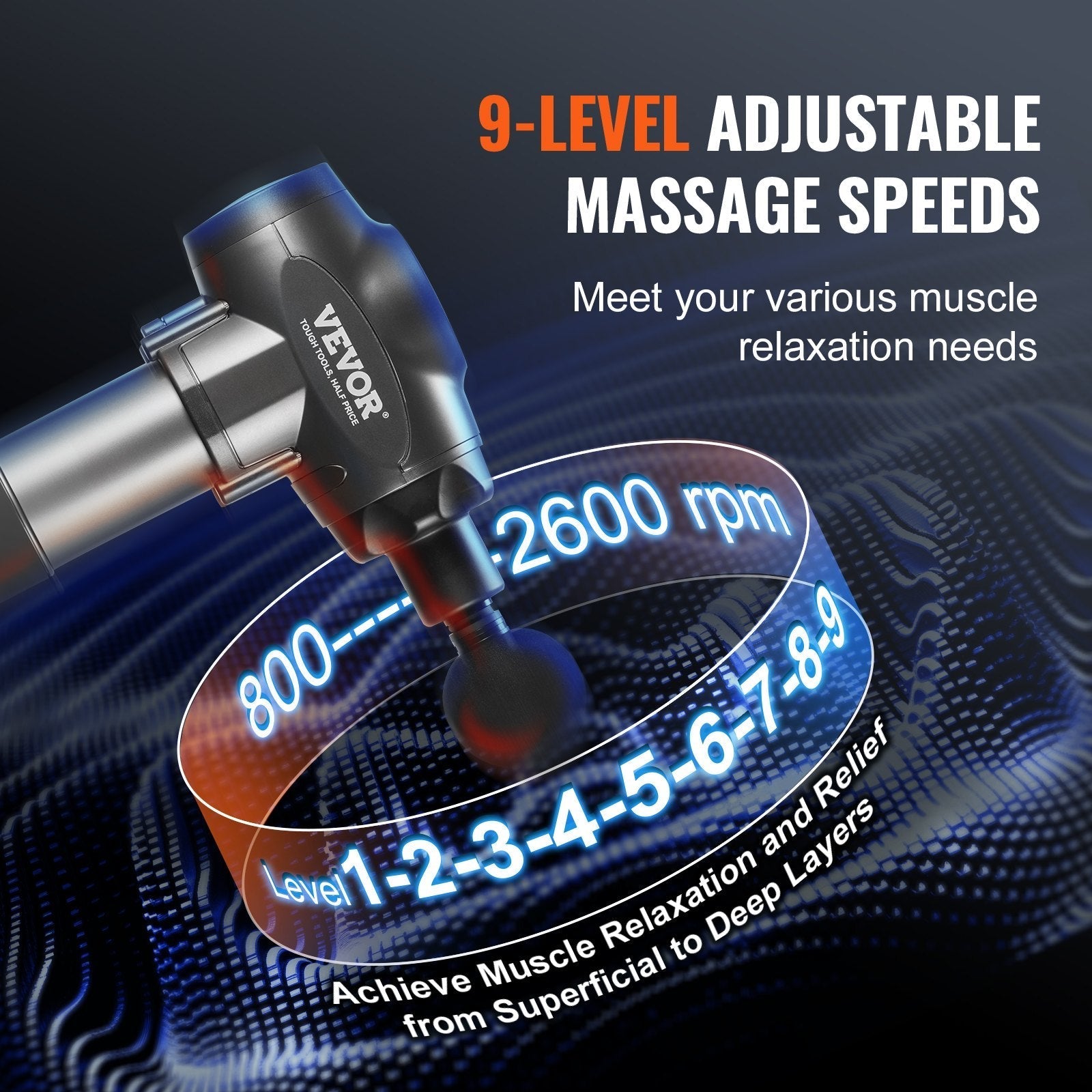 VEVOR Deep Tissue Massage Gun for Athletes - 9 Speed Levels & 6 Heads