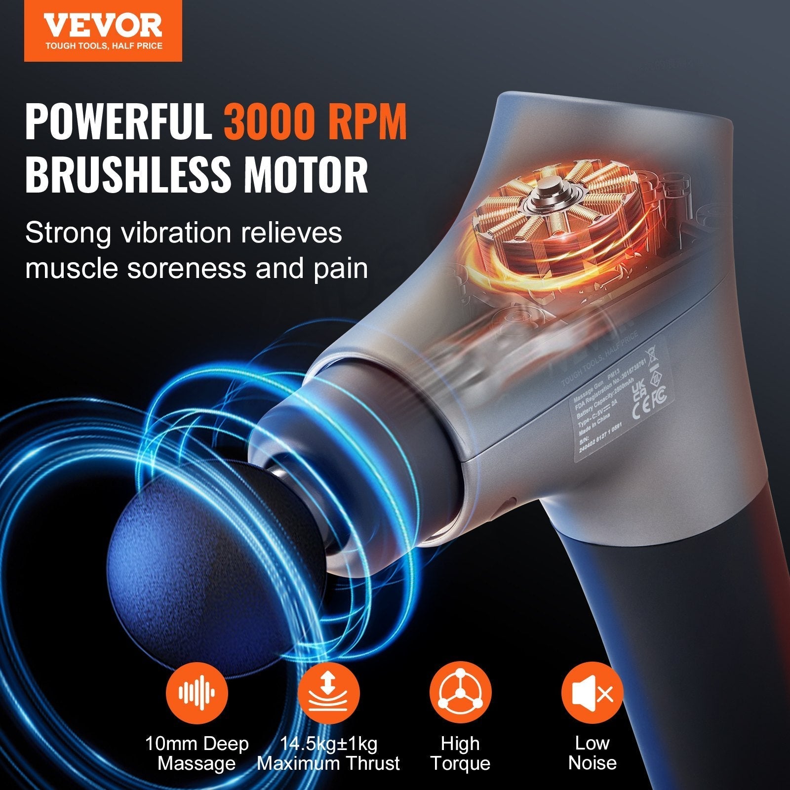 VEVOR Deep Tissue Massage Gun with 6 Speeds & 4 Heads for Muscle Relief