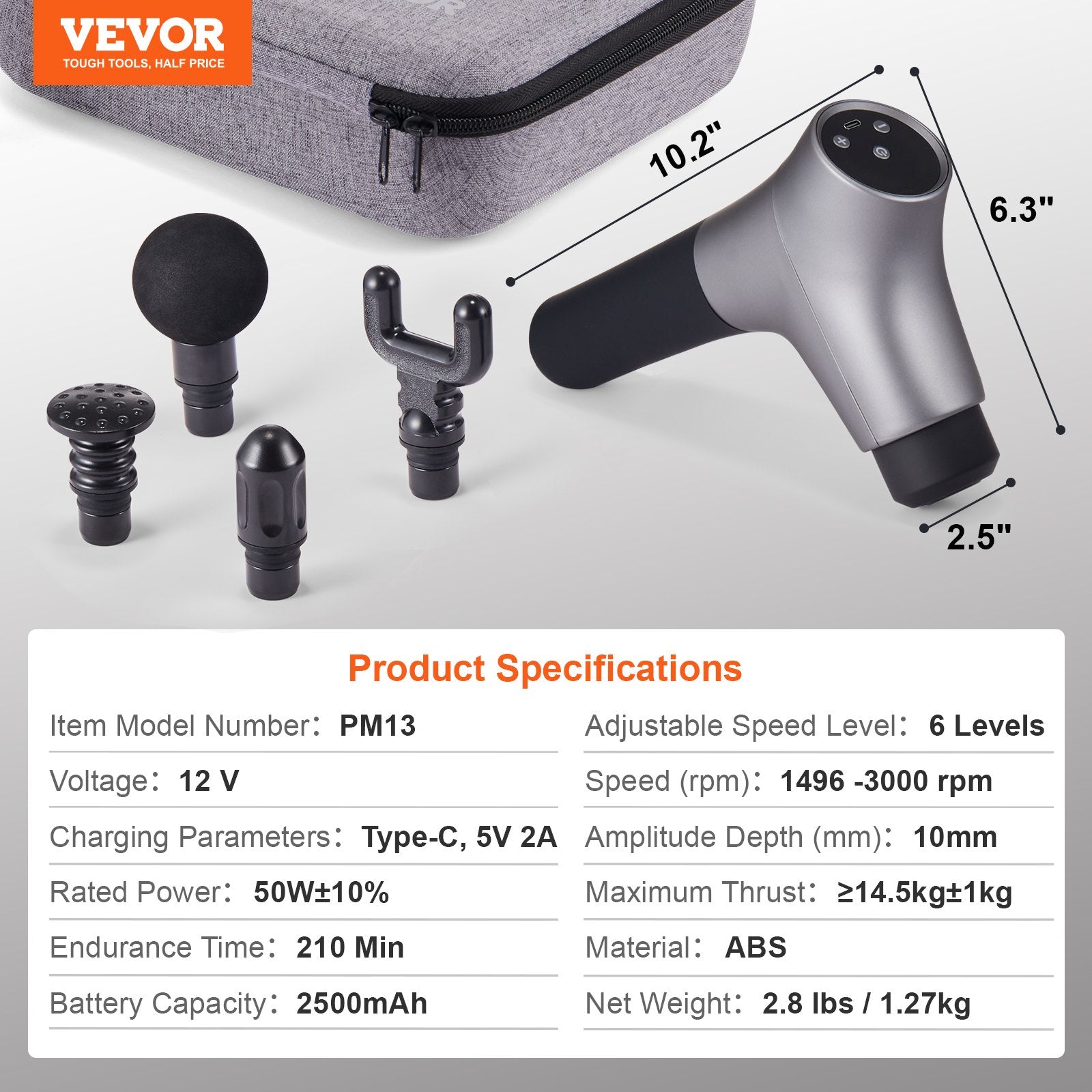 VEVOR Deep Tissue Massage Gun with 6 Speeds & 4 Heads for Muscle Relief