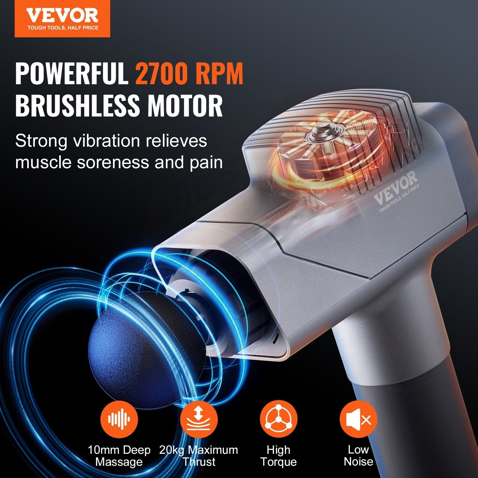 VEVOR Deep Tissue Massage Gun - 8 Speed Levels & 6 Heads, Portable Relief for Athletes