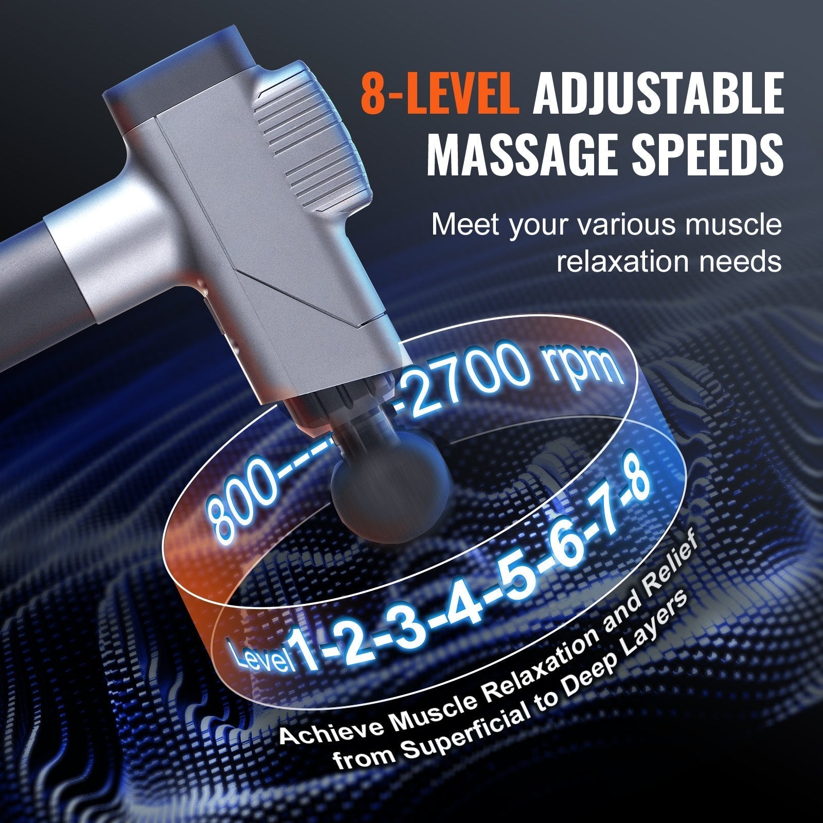 VEVOR Deep Tissue Massage Gun - 8 Speed Levels & 6 Heads, Portable Relief for Athletes