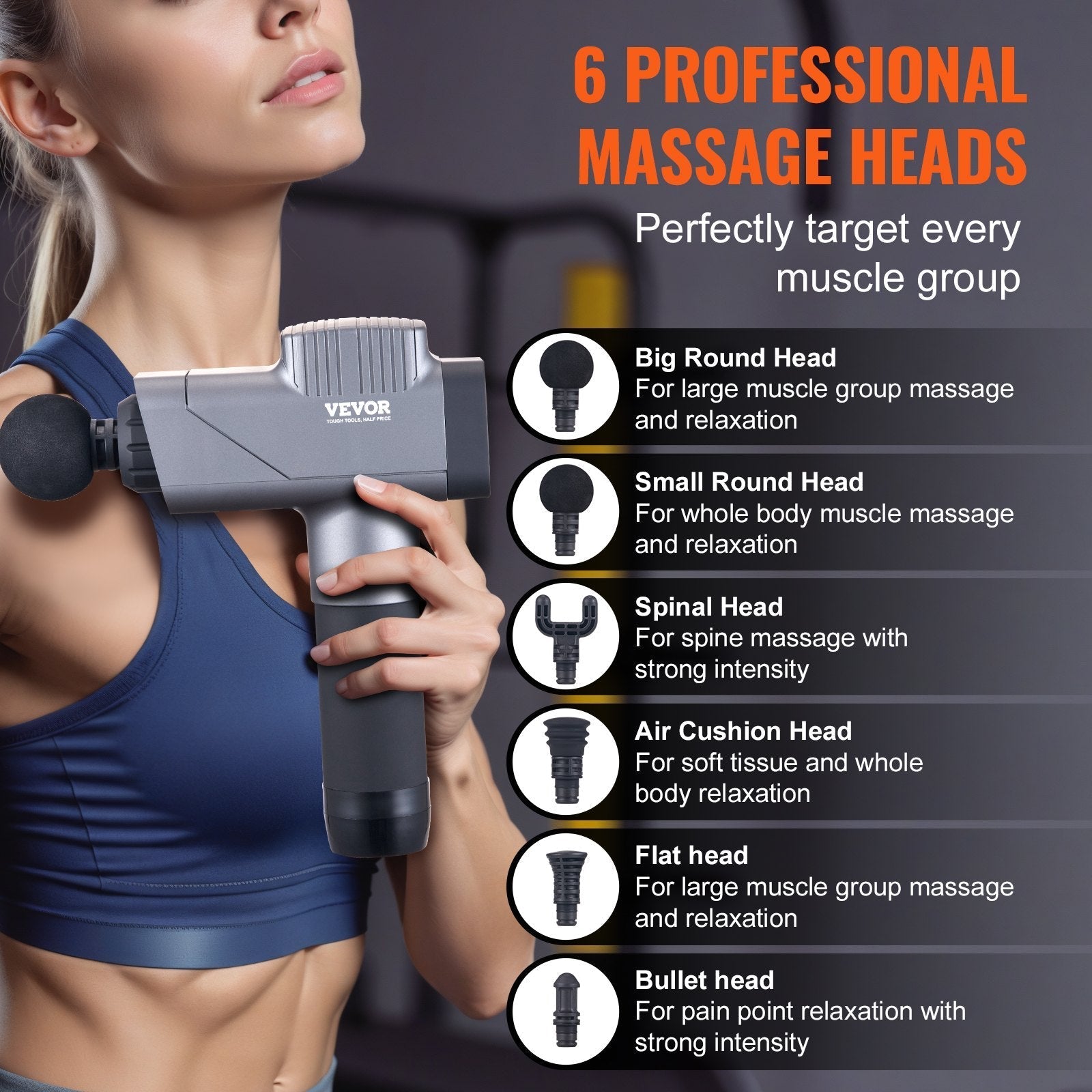 VEVOR Deep Tissue Massage Gun - 8 Speed Levels & 6 Heads, Portable Relief for Athletes