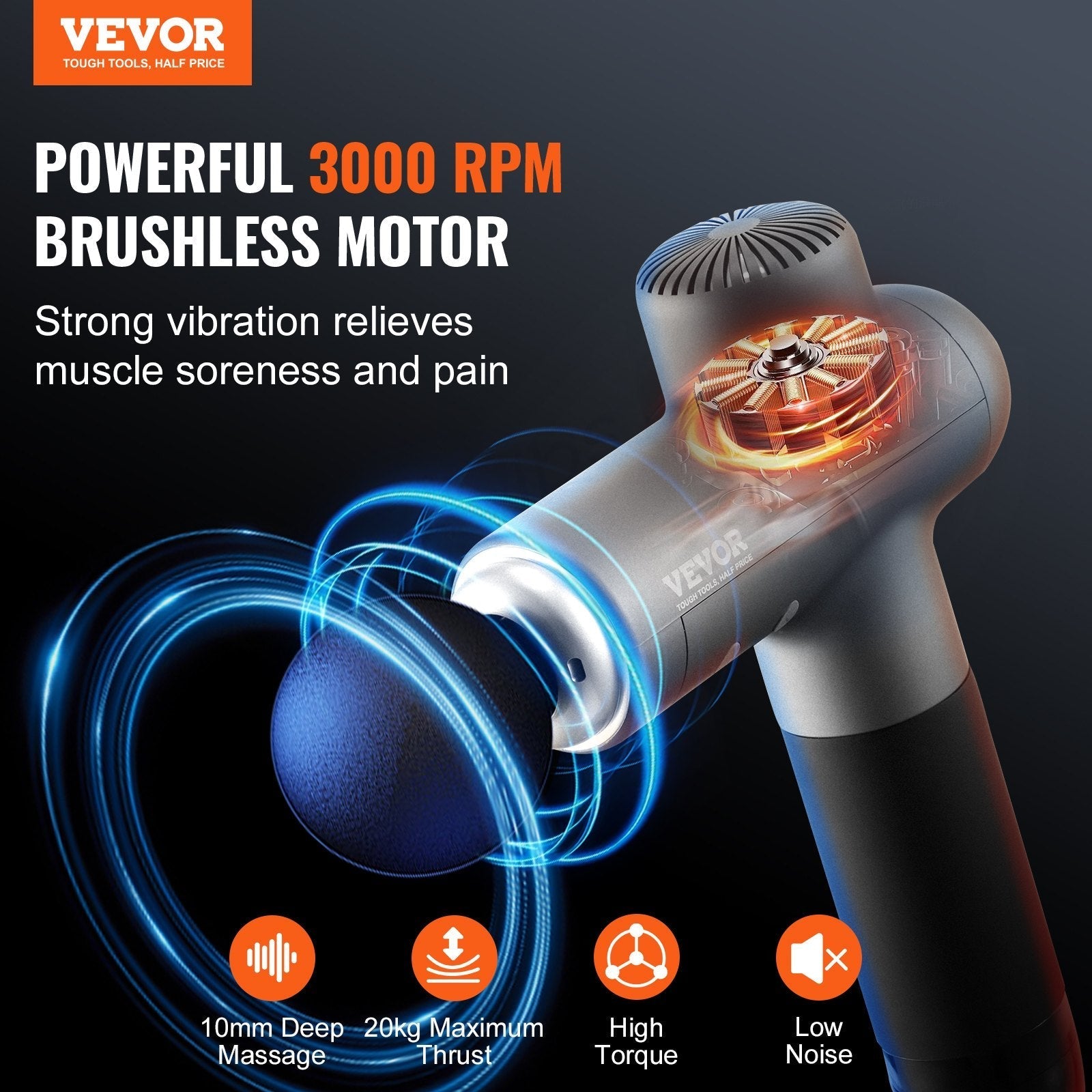 VEVOR Deep Tissue Massage Gun with 8 Speeds & 6 Heads