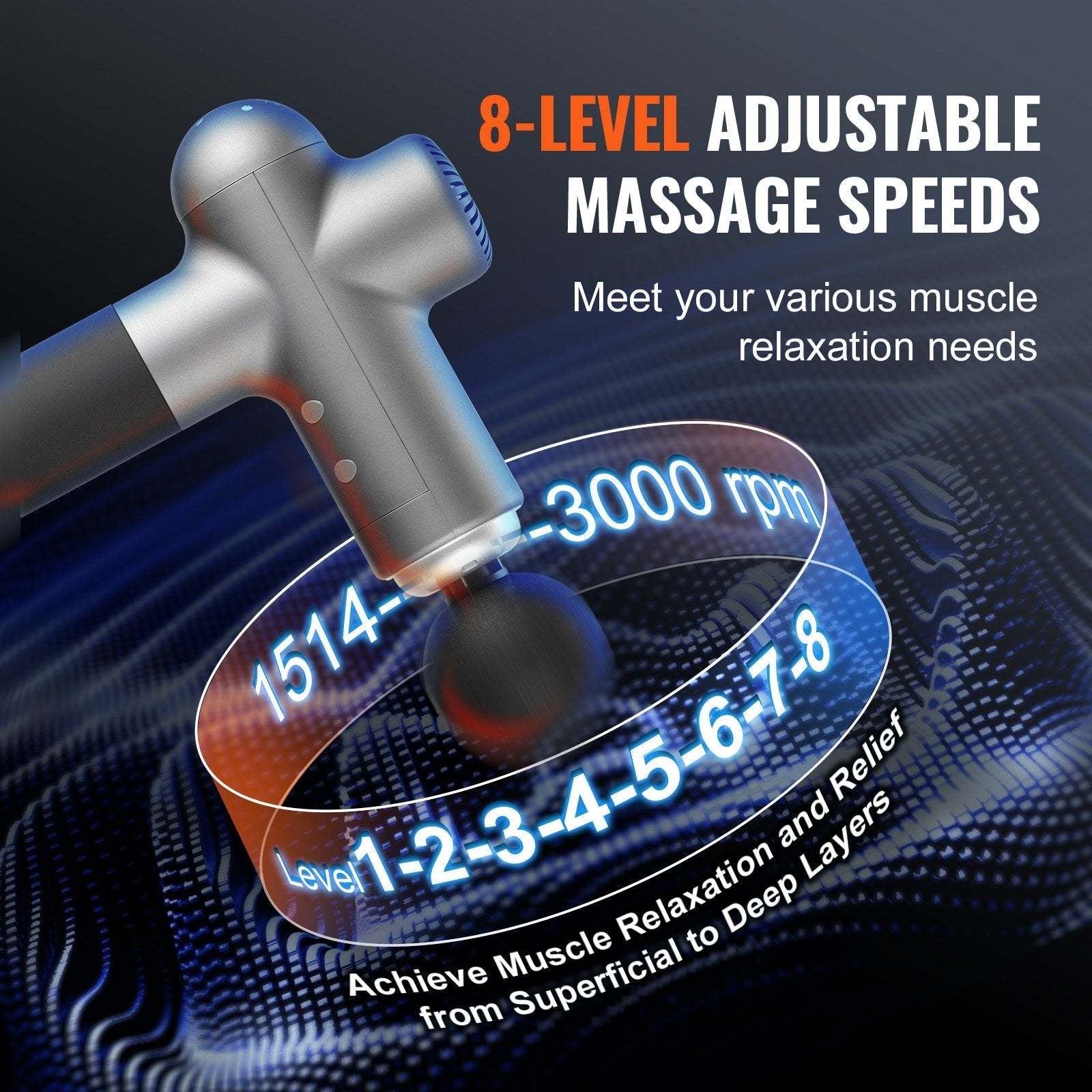 VEVOR Deep Tissue Massage Gun with 8 Speeds & 6 Heads