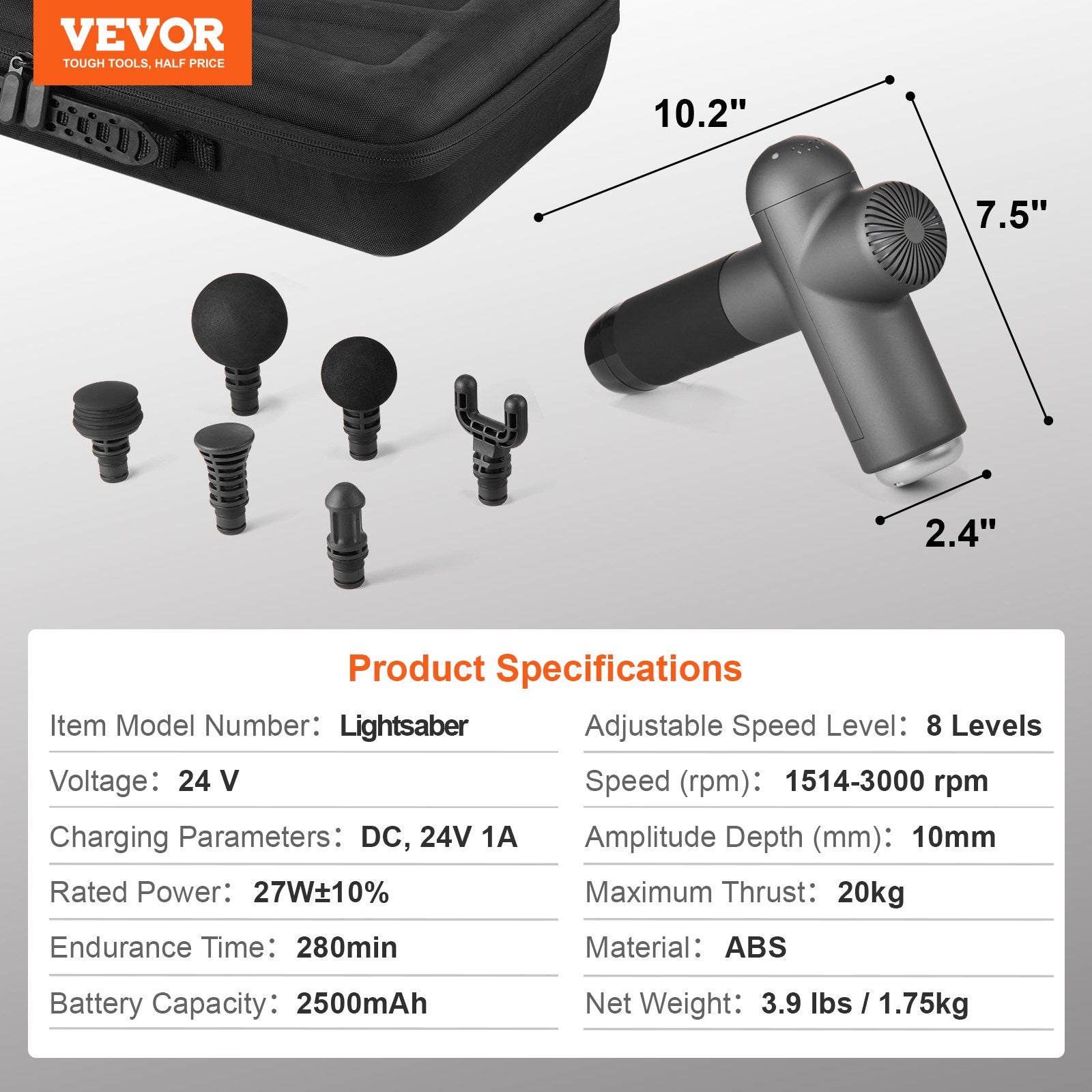 VEVOR Deep Tissue Massage Gun with 8 Speeds & 6 Heads